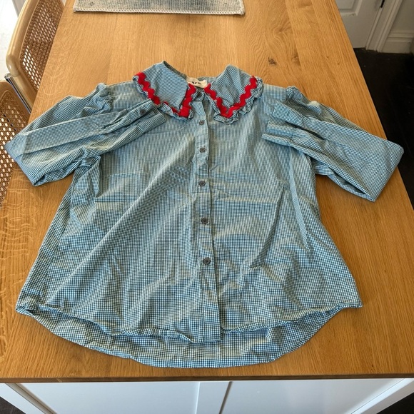 Green Checkered Blouse with Red Trim - Picture 2 of 6